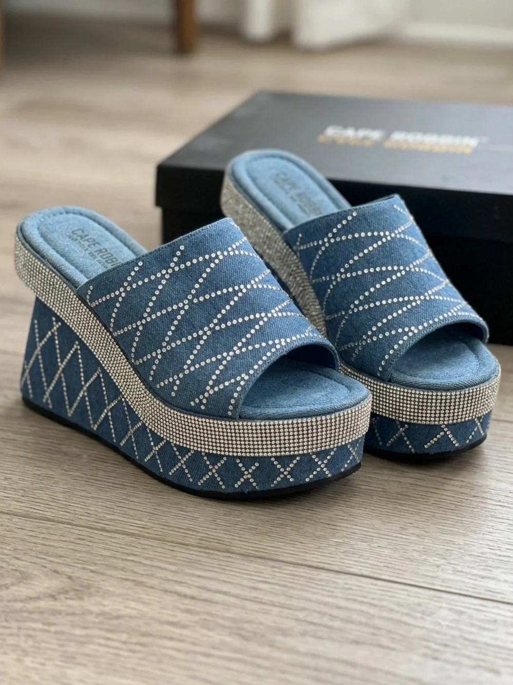 Denim Blue Quilted Platform Wedge Slide Sandals - Unbranded